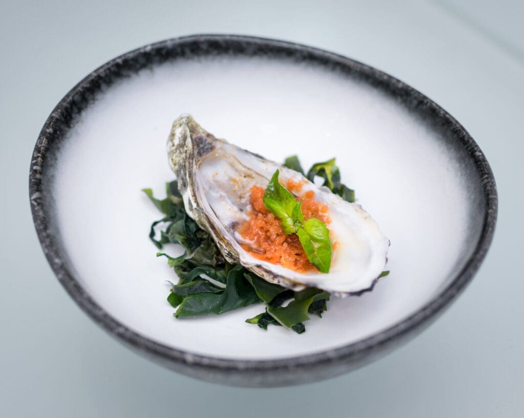 Maru Dine & Bar — Fresh Oyster with Smoked Tomato Sherbet