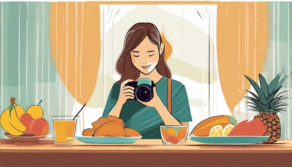 Food blogger taking photo of food infront of her